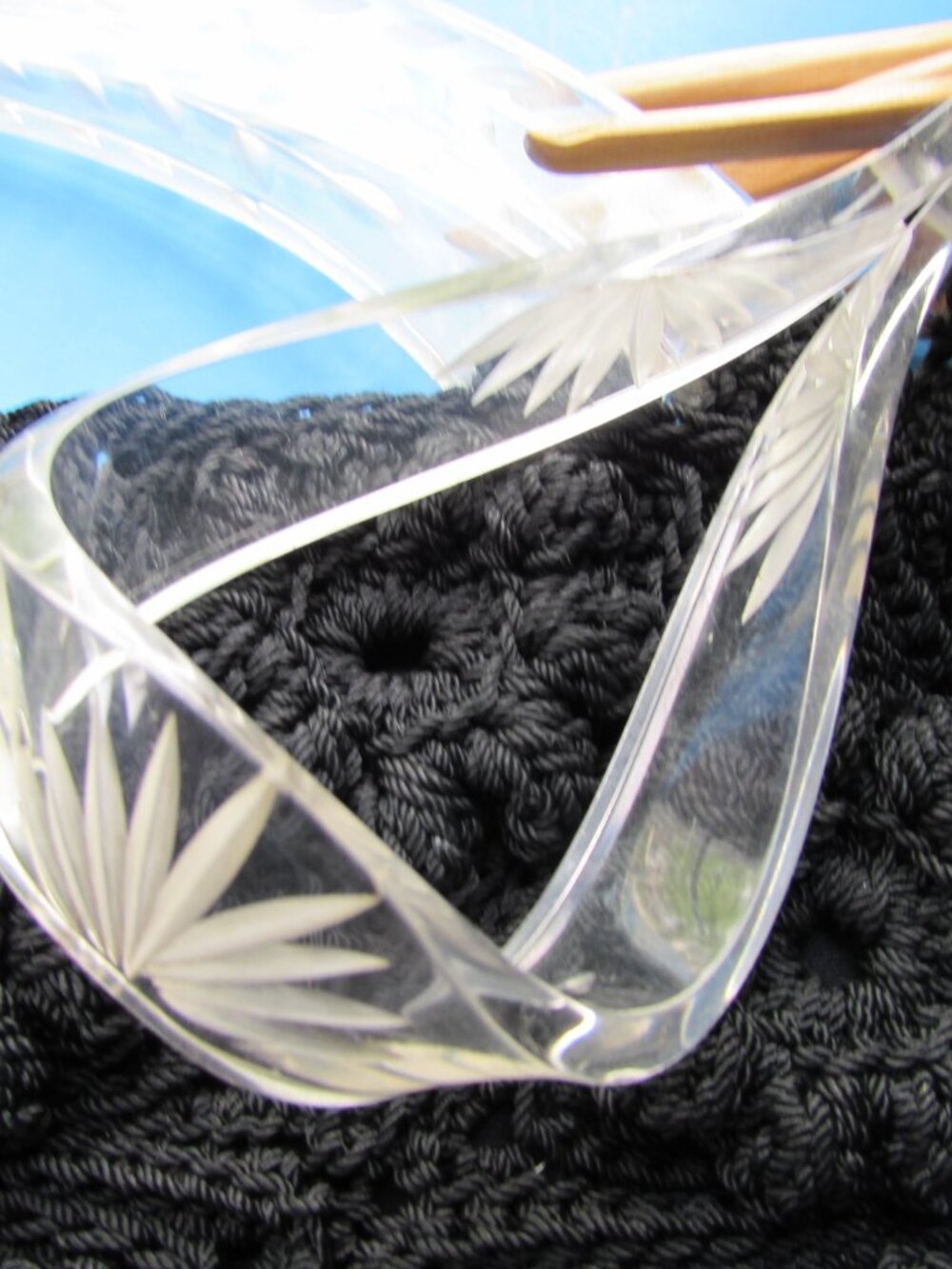 1940 Era Black Crochet Purse Clear Acrylic Handle - Picture 3 of 9